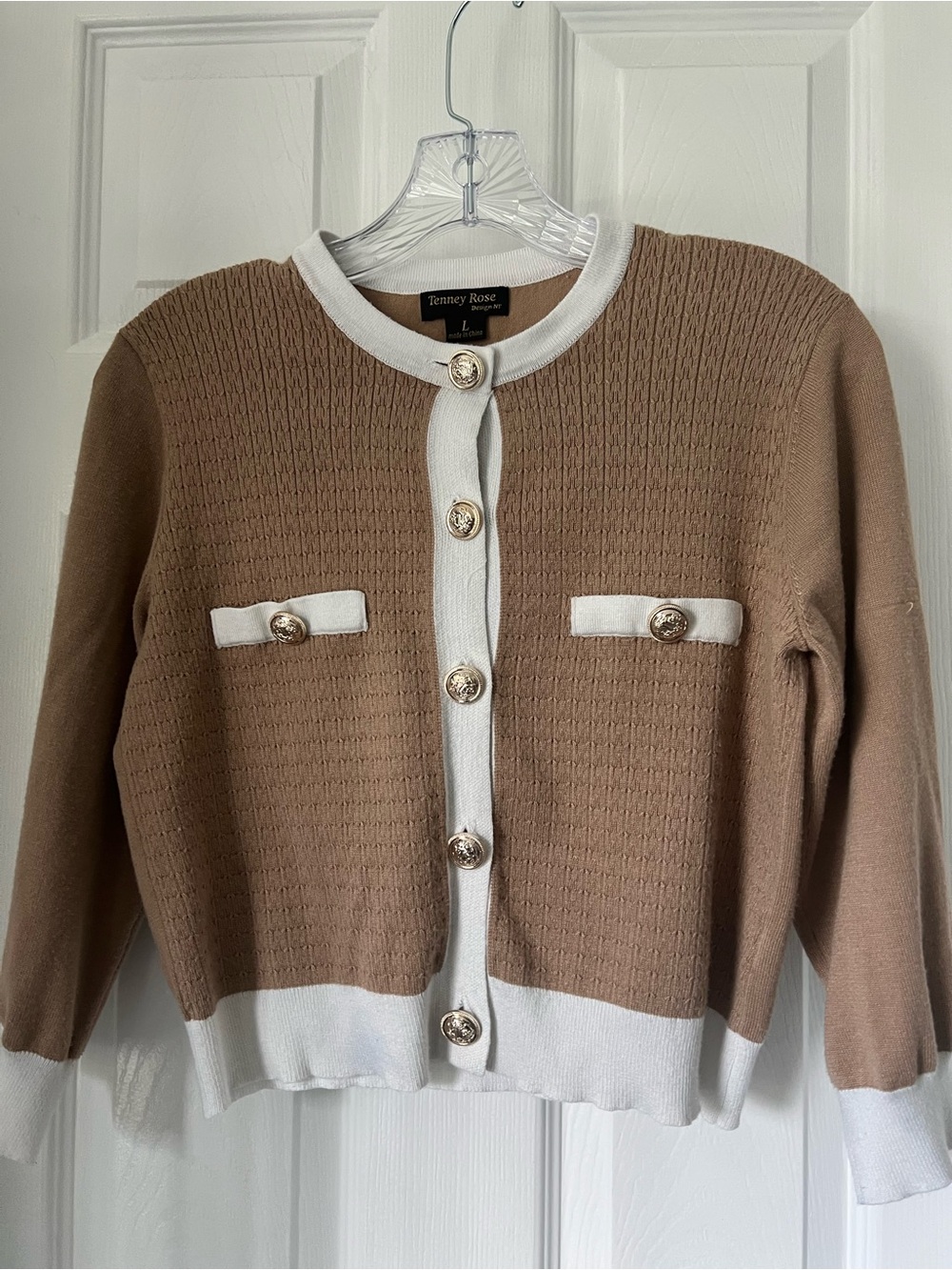 Tan and Cream Trim Knit Cardigan Sweater -